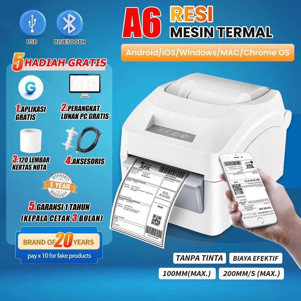 Printer Thermal Waybill | Barcode & Cetak Resi | Printer Label Sticker USB+Bluetooth 4 & 3 Inci